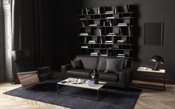 Dark living room interior with a leather sofa, seat and coffee table, empty frame, pillows, long curtain, black bookshelf in modern style the background, 3D Rendering
