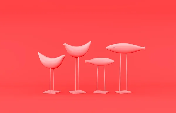 Single color bird figures, plastic material room accessory in monochrome pink background, 3d rendering, toys and decorative objects