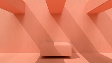 Güneşli bir günde duvarları ve zemini olan minimum pastel pembe mimari arkaplan, sunum veya web sitesi kullanımları için 3D görüntüleme özellikle tipografiksel kullanım