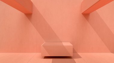 Güneşli bir günde duvarları ve zemini olan minimum pastel pembe mimari arkaplan, sunum veya web sitesi kullanımları için 3D görüntüleme özellikle tipografiksel kullanım