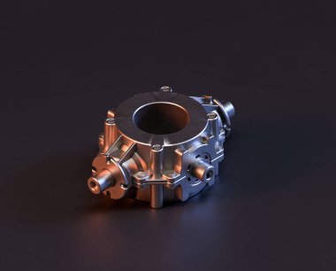 Makine ve otomotiv endüstrisinde makinenin parlak metal yedek mekanik parçası, 3D işlemeli, paslanmaz çelik izole edilmiş makine parçası,