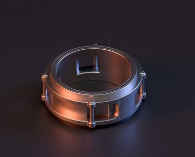 Makine ve otomotiv endüstrisinde makinenin parlak metal yedek mekanik parçası, 3D işlemeli, paslanmaz çelik izole edilmiş makine parçası,