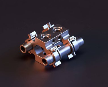Makine ve otomotiv endüstrisinde makinenin parlak metal yedek mekanik parçası, 3D işlemeli, paslanmaz çelik izole edilmiş makine parçası,