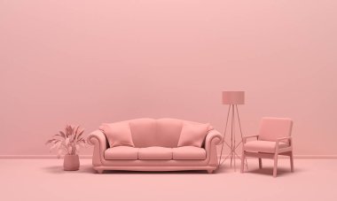Odanın içi tek renkli açık pembe renkli, mobilyalı ve oda aksesuarlı. Kopyalama alanı olan ışık arkaplanı. Web sayfası, sunum veya resim çerçevesi arkaplanı için 3B hazırlama.