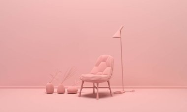 Odanın içi tek renkli açık pembe renkli, mobilyalı ve oda aksesuarlı. Kopyalama alanı olan ışık arkaplanı. Web sayfası, sunum veya resim çerçevesi arkaplanı için 3B hazırlama.
