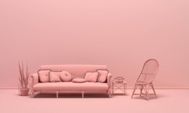 Odanın içi tek renkli açık pembe renkli, mobilyalı ve oda aksesuarlı. Kopyalama alanı olan ışık arkaplanı. Web sayfası, sunum veya resim çerçevesi arkaplanı için 3B hazırlama.
