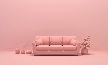 Odanın içi tek renkli açık pembe renkli, mobilyalı ve oda aksesuarlı. Kopyalama alanı olan ışık arkaplanı. Web sayfası, sunum veya resim çerçevesi arkaplanı için 3B hazırlama.