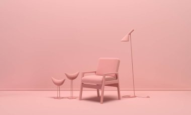 Tek renk açık pembe renkte, tek koltuklu, vazo, bitki ve retro telefonlu bir iç oda. Kopyalama alanı olan ışık arkaplanı. Web sayfası, sunum veya resim çerçevesi arkaplanı için 3B hazırlama.