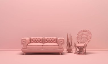 Odanın içi tek renkli açık pembe renkli, mobilyalı ve oda aksesuarlı. Kopyalama alanı olan ışık arkaplanı. Web sayfası, sunum veya resim çerçevesi arkaplanı için 3B hazırlama.