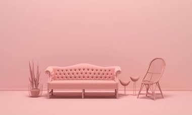 Odanın içi tek renkli açık pembe renkli, mobilyalı ve oda aksesuarlı. Kopyalama alanı olan ışık arkaplanı. Web sayfası, sunum veya resim çerçevesi arkaplanı için 3B hazırlama.