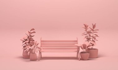 Park bankında ve tek renkli açık pembe renkli bitkiler. Kopyalama alanı olan ışık arkaplanı. Web sayfası, sunum veya resim çerçevesi arkaplanı için 3B hazırlama.