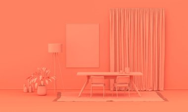 Poster vitrini için düz renk odası, tek renkli pembe turuncu renkli mobilyalar. Kopyalama alanı olan ışık arkaplanı. Web sayfası, sunum, resim çerçevesi arkaplanı için 3B hazırlama.