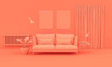 İç oda, tek renkli pembe turuncu renkli, mobilyalı ve oda aksesuarlı. Kopyalama alanı olan ışık arkaplanı. Web sayfası, sunum veya resim çerçevesi arkaplanı için 3B hazırlama.