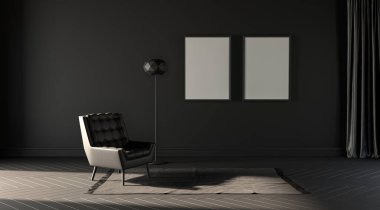 Poster çerçeveleri ve loş, kasvetli bir odada halı kaplı tek bir kanepe. Siyah arka plan. Poster çerçeveleri için 3B hazırlama.