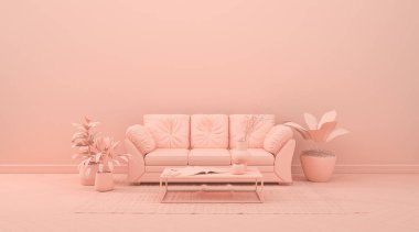 İç oda, tek renkli pembe turuncu renkli, mobilyalı ve oda aksesuarlı. Kopyalama alanı olan ışık arkaplanı. Web sayfası, sunum veya resim çerçevesi arkaplanı için 3B hazırlama.