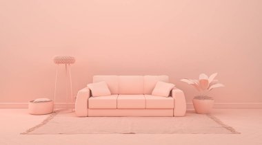 resim çerçeve taklit oda monokromsu turuncu renkli mobilyalar ve oda aksesuarları web sayfası, sunum veya resim çerçevesi arkaplan, 3D renkler, ışık ve düz renkler