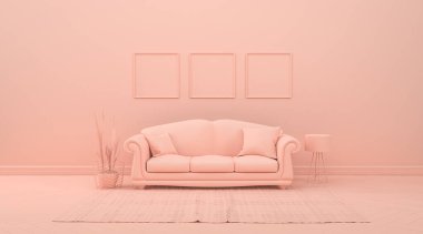 İç oda, tek renkli pembe turuncu renkli, mobilyalı ve oda aksesuarlı. Kopyalama alanı olan ışık arkaplanı. Web sayfası, sunum veya resim çerçevesi arkaplanı için 3B hazırlama.