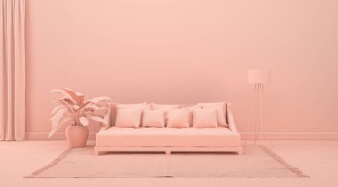 İç oda, tek renkli pembe turuncu renkli, mobilyalı ve oda aksesuarlı. Kopyalama alanı olan ışık arkaplanı. Web sayfası, sunum veya resim çerçevesi arkaplanı için 3B hazırlama.