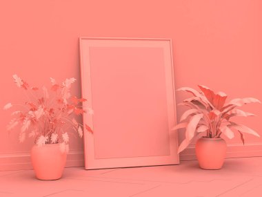 İç poster, yerde duran dikey boş çerçeve, tek renkli pembe oda, bitkiler, 3D çizim, poster modeli