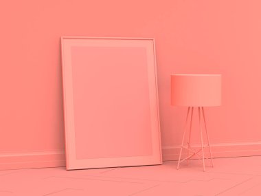 Zeminde dikey poster çerçevesi var. Tek renkli pembe bir odada. Zemin lambası var.
