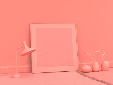 İç poster, yerde kare boş poster çerçeve ile maket, monokrom tek renk pembe oda, zemin lambası, 3D renkte, yan görünüm.