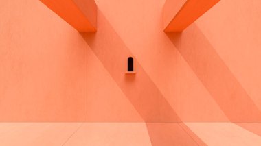 Güneşli bir günde duvarları ve zemini olan minimum pastel pembe mimari arkaplan, sunum veya web sitesi kullanımları için 3D görüntüleme özellikle tipografiksel kullanım