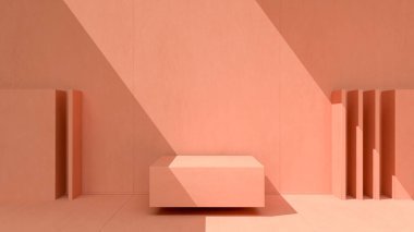 Güneşli bir günde duvarları ve zemini olan minimum pastel pembe mimari arkaplan, sunum veya web sitesi kullanımları için 3D görüntüleme özellikle tipografiksel kullanım