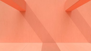 Güneşli bir günde duvarları ve zemini olan minimum pastel pembe mimari arkaplan, sunum veya web sitesi kullanımları için 3D görüntüleme özellikle tipografiksel kullanım