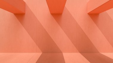 Güneşli bir günde duvarları ve zemini olan minimum pastel pembe mimari arkaplan, sunum veya web sitesi kullanımları için 3D görüntüleme özellikle tipografiksel kullanım