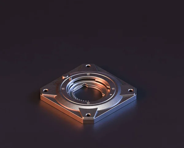 Shiny metal spare mechanical part of machine in machinery and automotive industry, 3d rendering, stainless steel isolated machine piece, isometric