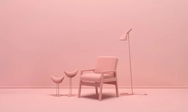 Tek renk açık pembe renkte, tek koltuklu, vazo, bitki ve retro telefonlu bir iç oda. Kopyalama alanı olan ışık arkaplanı. Web sayfası, sunum veya resim çerçevesi arkaplanı için 3B hazırlama.