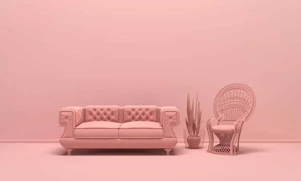 Belső Tér Szoba Egyszerű Monokróm Világos Rózsaszín Színű Bútorok Szoba — Stock Fotó