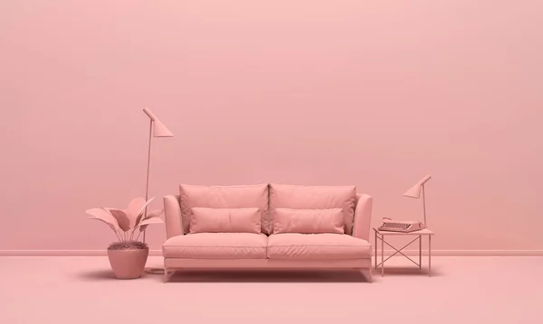 Interior of the room in plain monochrome light pink color with furnitures and room accessories. Light background with copy space. 3D rendering for web page, presentation or picture frame backgrounds.