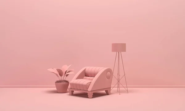 Interiér Místnosti Obyčejné Monochromatické Světle Růžové Barvě Jednou Židlí Podlahovou — Stock fotografie