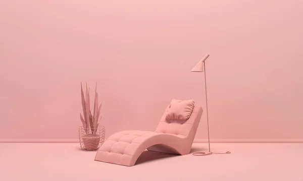 Flat monochrome light pink color room with single meditation chair, floor lamp, vase and plant. Light background with copy space. 3D rendering for web page, presentation or picture frame backgrounds.