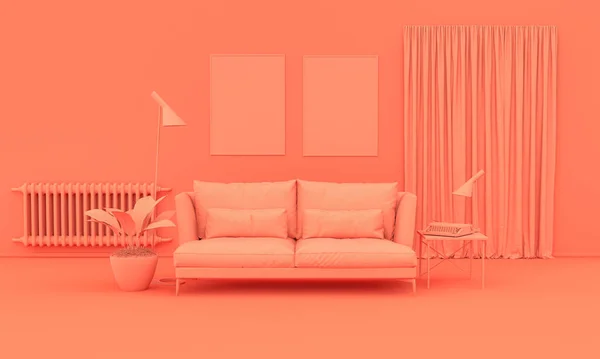 Innenraum Schlicht Monochrom Rosa Orange Mit Möbeln Und Raumaccessoires Heller — Stockfoto