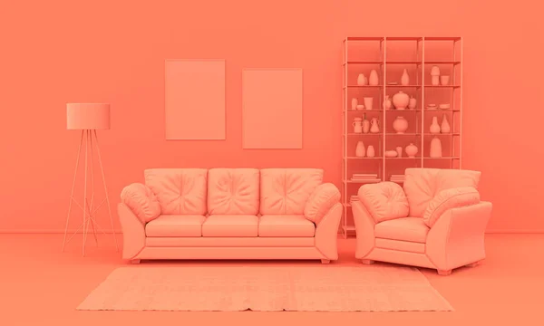 Innenraum Schlicht Monochrom Rosa Orange Mit Möbeln Und Raumaccessoires Heller — Stockfoto