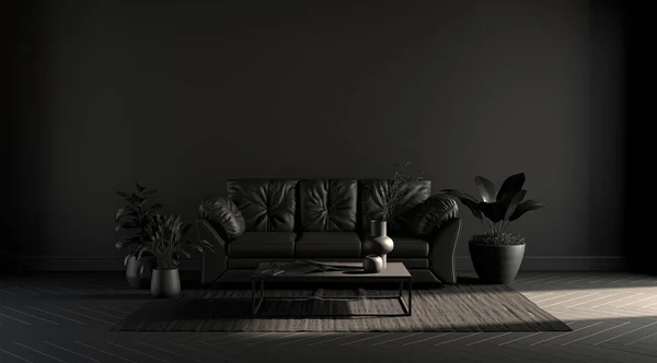 Dark Room Poster Background Empty Wall Sofa Chair Plant Carpet — Stock fotografie