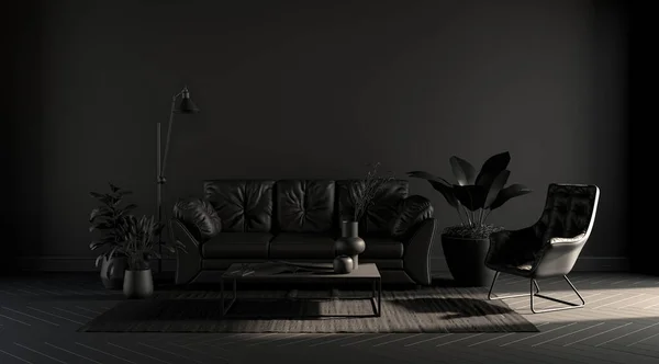 Dark Room Poster Background Empty Wall Sofa Chair Plant Carpet — Stock Photo, Image