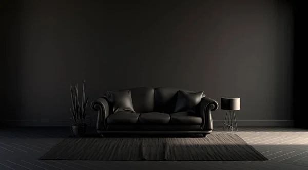 Dark Room Poster Background Empty Wall Sofa Chair Plant Carpet — Stock fotografie
