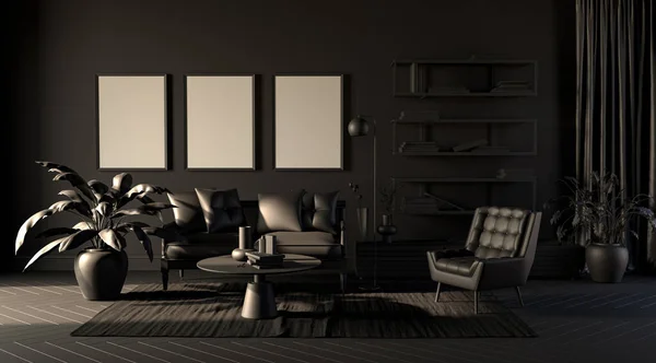 Gloomy room with picture frames in plain monochrome black color with sofa,chair,bookshelf on a carpet. Black background. 3D rendering, poster background.