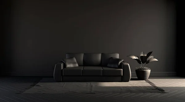 Dark room in flat black color with sofa and plant on a carpet. Black background. 3D rendering for poster frames.