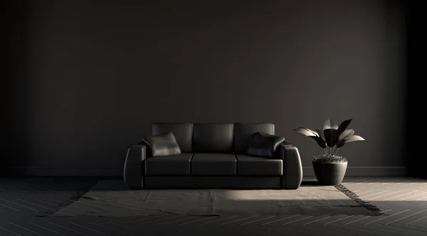 Dark room in flat black color with sofa and plant on a carpet. Black background. 3D rendering for poster frames.