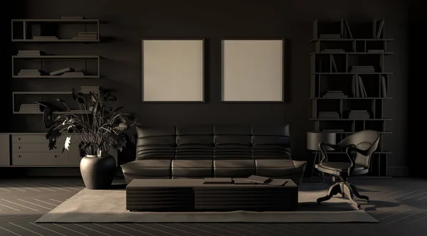 Dark Room Plain Monochrome Gray Tones Sofa Bookshelves Carpet Black — Stock Photo, Image