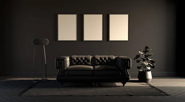 Ciemny Pokój Prostych Monochromatycznych Odcieniach Szarości Sofą Krzesłem Roślinami Lampą — Zdjęcie stockowe