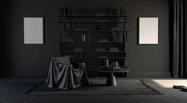 단색의 어두운 책꽂이 포스터 프레임으로 의자가 포스터 장면을 렌더링 — 스톡 사진