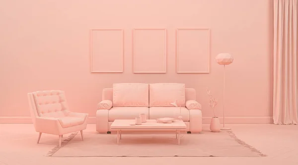 Belső Szoba Egyszerű Monokróm Rózsaszínű Narancssárga Színben Bútorokkal Szobai Kiegészítőkkel — Stock Fotó