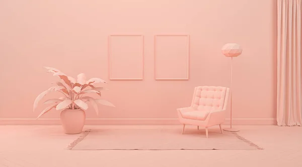 Belső Szoba Egyszerű Monokróm Rózsaszínű Narancssárga Színben Bútorokkal Szobai Kiegészítőkkel — Stock Fotó