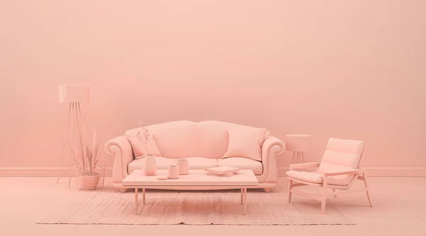 Interior Room Plain Monochrome Pinkish Orange Color Furnitures Room Accessories — Stock Photo, Image