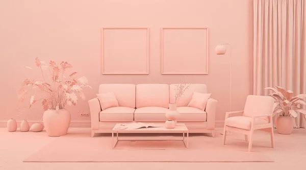 Picture Frame Mock Room Monochrome Pinkish Orange Color Furnitures Room — Stock Photo, Image